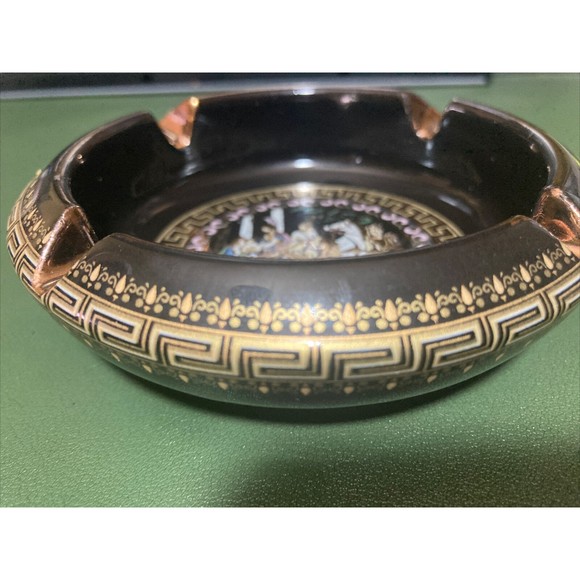 Ceramic Round Ashtray Handmade In Greece Black With 24k Gold Trim - Picture 4 of 5